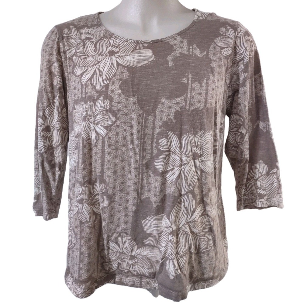 Chico's Top‎ Size 3 XL Floral Boho Cottage Core Brown 3/4 Sleeve Slub Knit Shirt